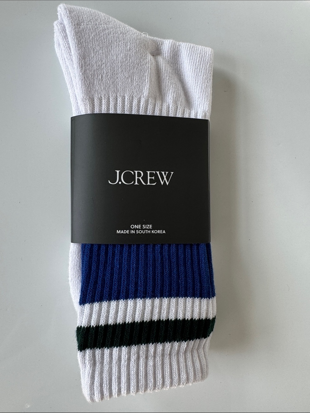NWT! J. Crew Men’s White Athletic Crew Socks with Blue and Dark Green Stripes